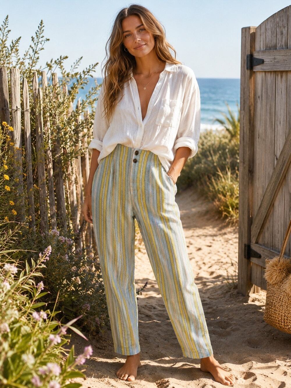 Soft Surroundings Linen Blend Coastal Stripe Cropped Pants Beachy Coastal Resort